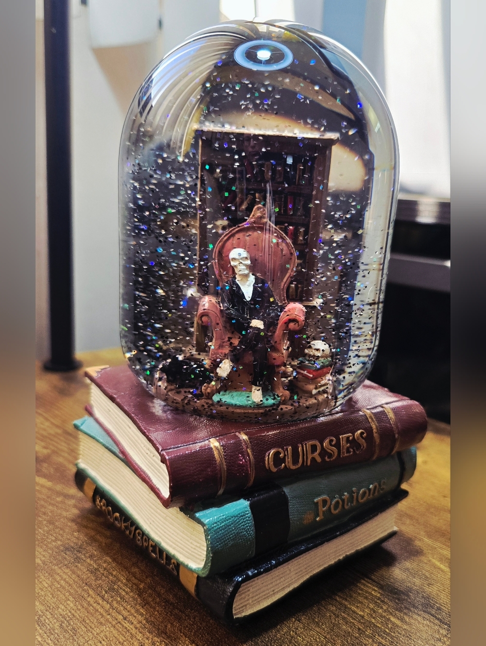 Broomstick Blvd Halloween Skeleton musical snow globe, Curses Potions Spell Book - Picture 3 of 10